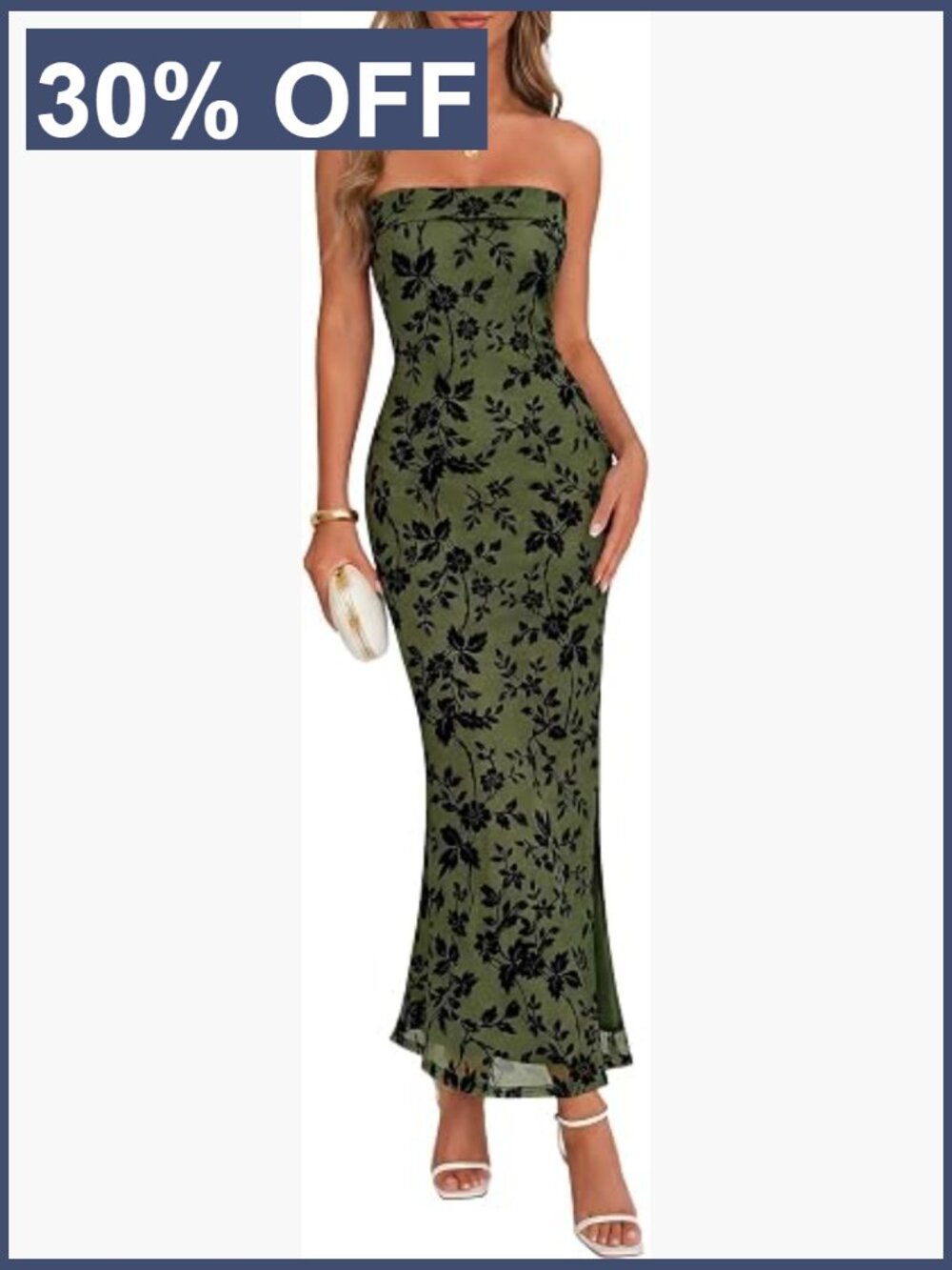 Formal Strapless Bodycon Floral Tube Mesh Cocktail Party Maxi Dress - Picture 1 of 7